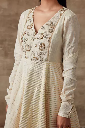 White Embroidered Yoke Anarkali And Pant Set
