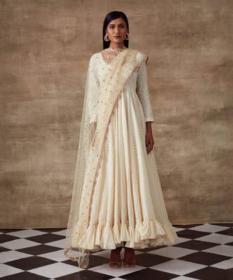 Ivory Organic Cotton Frilled Kalidar Anarkali Set 1