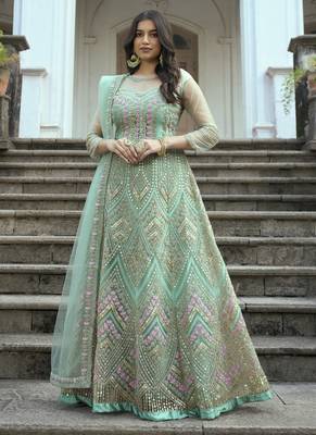 Turquoise Net Embroidered Anarkali Salwar Kameez 1
