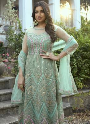 Turquoise Net Embroidered Anarkali Salwar Kameez 2