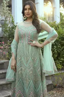Turquoise Net Embroidered Anarkali Salwar Kameez