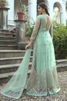 Turquoise Net Embroidered Anarkali Salwar Kameez