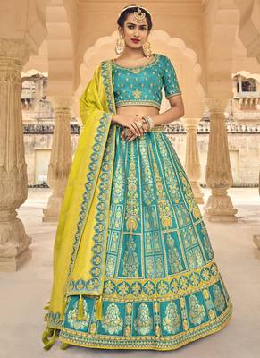 Turquoise Jacquard Embroidered Bridal Lehengas 1