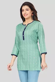 Sea-green woven rayon short-kurtis