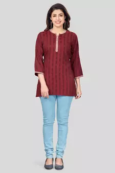 Maroon woven rayon short-kurtis