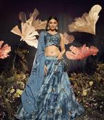 SKY BLUE SIBURRI PRINT WITH SEQUINS EMBROIDERED AND MIRROR WORK VELVET FESTIVE & PARTY WEAR SEMI STITCHED LEHENGA