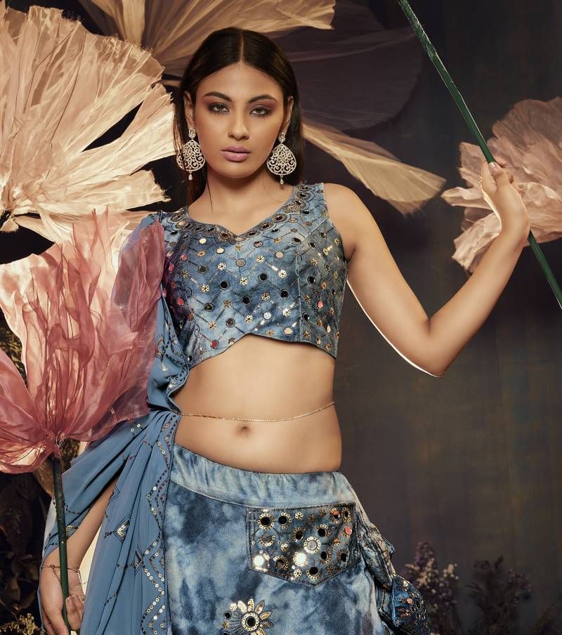 SKY BLUE SIBURRI PRINT WITH SEQUINS EMBROIDERED AND MIRROR WORK VELVET FESTIVE & PARTY WEAR SEMI STITCHED LEHENGA