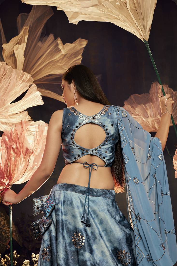 SKY BLUE SIBURRI PRINT WITH SEQUINS EMBROIDERED AND MIRROR WORK VELVET FESTIVE & PARTY WEAR SEMI STITCHED LEHENGA