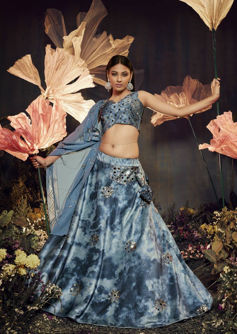 SKY BLUE SIBURRI PRINT WITH SEQUINS EMBROIDERED AND MIRROR WORK VELVET FESTIVE & PARTY WEAR SEMI STITCHED LEHENGA