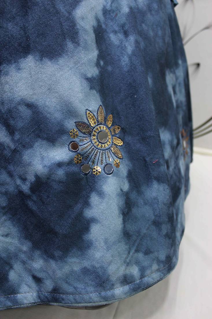 SKY BLUE SIBURRI PRINT WITH SEQUINS EMBROIDERED AND MIRROR WORK VELVET FESTIVE & PARTY WEAR SEMI STITCHED LEHENGA