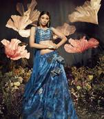 BLUE SIBURRI PRINT WITH SEQUINS EMBROIDERED AND MIRROR WORK VELVET FESTIVE & PARTY WEAR SEMI STITCHED LEHENGA