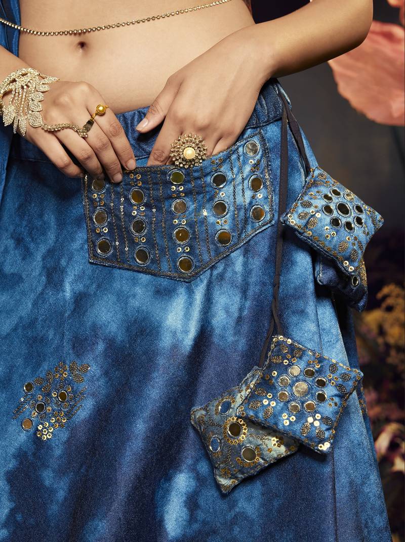 BLUE SIBURRI PRINT WITH SEQUINS EMBROIDERED AND MIRROR WORK VELVET FESTIVE & PARTY WEAR SEMI STITCHED LEHENGA