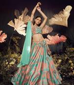 TURQUOISE ORANGE SIBURRI PRINT WITH SEQUINS EMBROIDERED AND MIRROR WORK VELVET FESTIVE & PARTY WEAR LEHENGA