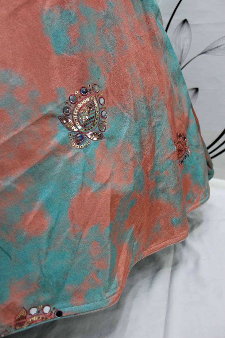 TURQUOISE ORANGE SIBURRI PRINT WITH SEQUINS EMBROIDERED AND MIRROR WORK VELVET FESTIVE & PARTY WEAR LEHENGA