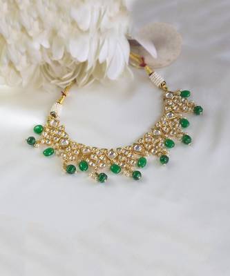 Gold Finish Kundan polki & Green drop choker Necklace 1