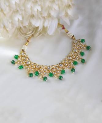 Gold Finish Kundan polki & Green drop choker Necklace 2