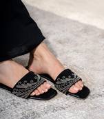 Black Slides With Gun Metal Embroidery