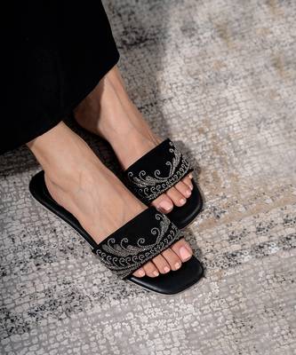Black Slides With Gun Metal Embroidery 2