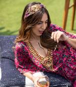 Blue Printed Head Band With Gold Detailing