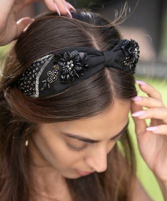 Black Headband With Gun Metal Embroidery 1