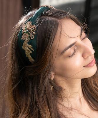 Forest Green Headband With Gold Embroidery 2
