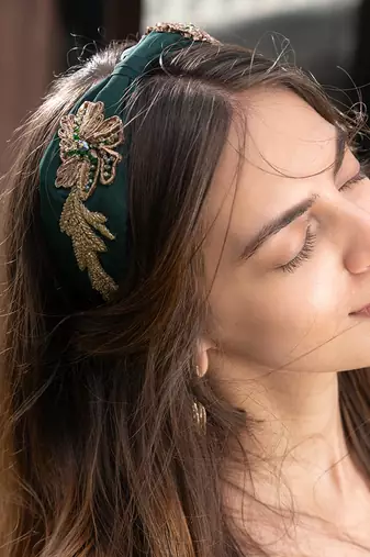 Forest Green Headband With Gold Embroidery