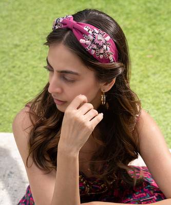 Bright Pink Headband With Embroidery 1
