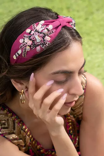Bright Pink Headband With Embroidery