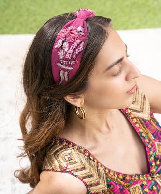 Bright Pink Headband With Embroidery 1
