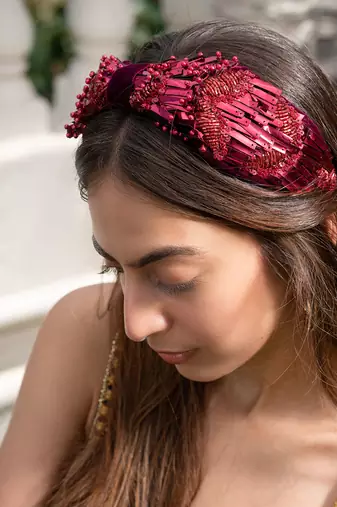 Deep Red Headband With Embroidery