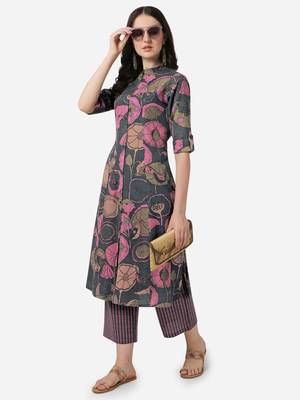 Grey Pink Floral Printed A-Line Cotton Kurta With Palazzo 1