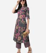 Grey Pink Floral Printed A-Line Cotton Kurta With Palazzo