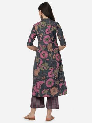 Grey Pink Floral Printed A-Line Cotton Kurta With Palazzo 2