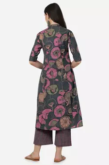Grey Pink Floral Printed A-Line Cotton Kurta With Palazzo