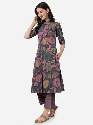 Grey Pink Floral Printed A-Line Cotton Kurta With Palazzo 3