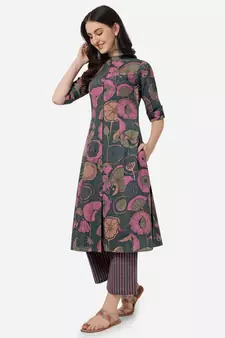 Grey Pink Floral Printed A-Line Cotton Kurta With Palazzo