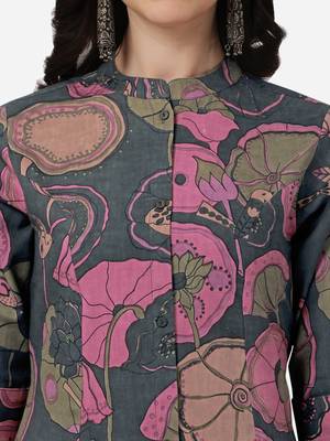 Grey Pink Floral Printed A-Line Cotton Kurta With Palazzo 4