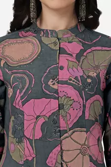 Grey Pink Floral Printed A-Line Cotton Kurta With Palazzo