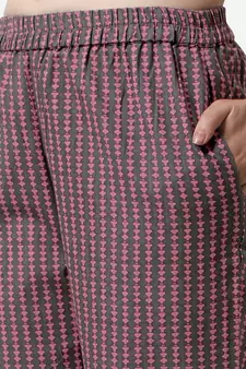 Grey Pink Floral Printed A-Line Cotton Kurta With Palazzo