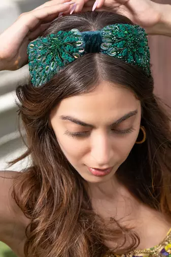 Forest Green Headband With Embroidery