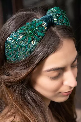 Forest Green Headband With Embroidery