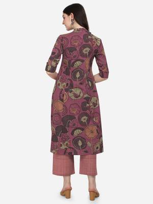 Dusty Pink Floral Printed A Line Cotton Kurta With Palazzo 2