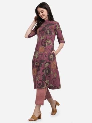 Dusty Pink Floral Printed A Line Cotton Kurta With Palazzo 3