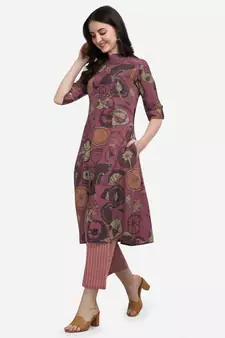 Dusty Pink Floral Printed A Line Cotton Kurta With Palazzo