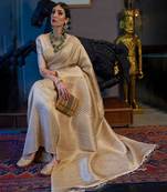 White Golden Soft Silk Blend Saree With Blouse