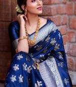 Denim Blue Soft Silk Blend Woven Silver Zari Saree With Blouse