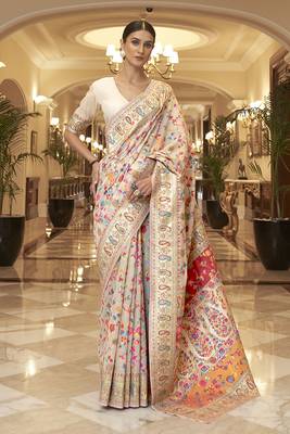 Cream Silk Multicolor Zari Woven Saree with Blouse 1