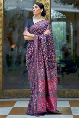 Navy Blue Silk Multicolor Zari Woven Floral Saree with Blouse 1