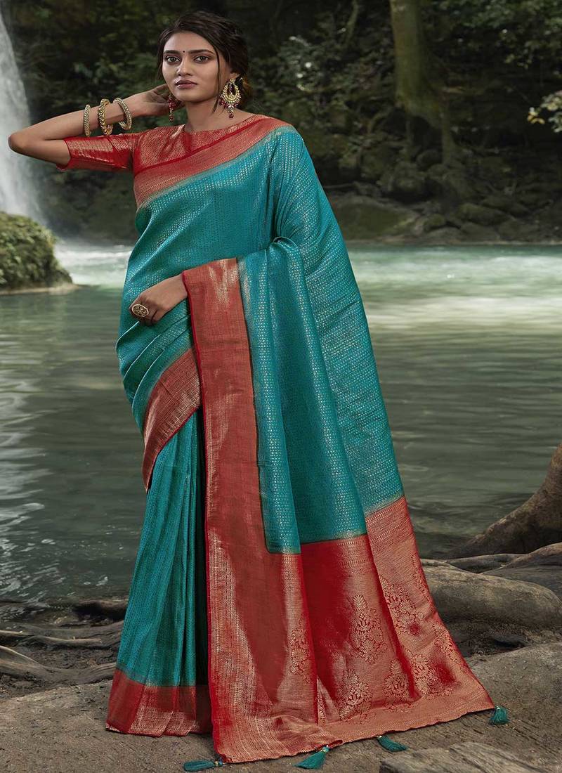 Heavy Weaving Jacquard Designer Sky Blue Colour Saree In Classy Kanjivaram Silk