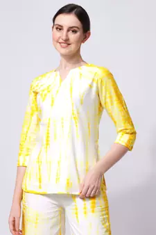 Yellow White Shibori Printed Pure Cotton Kurta With Palazzo